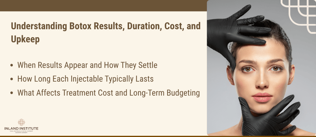 Woman's face framed by gloved hands, illustrating Botox results, duration, cost, and upkeep