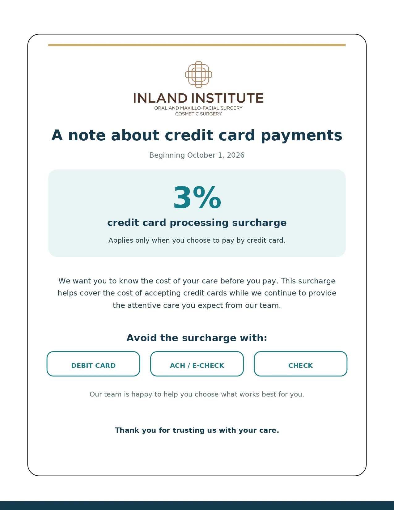 Credit Card Processing Notice: a 3% surcharge applies to credit card payments beginning October 1, 2026. Avoid the surcharge by paying with debit card, ACH/e-check, or check.