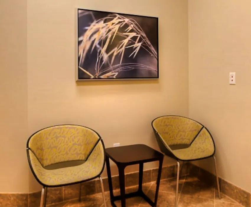Seating nook with two chairs and wall art