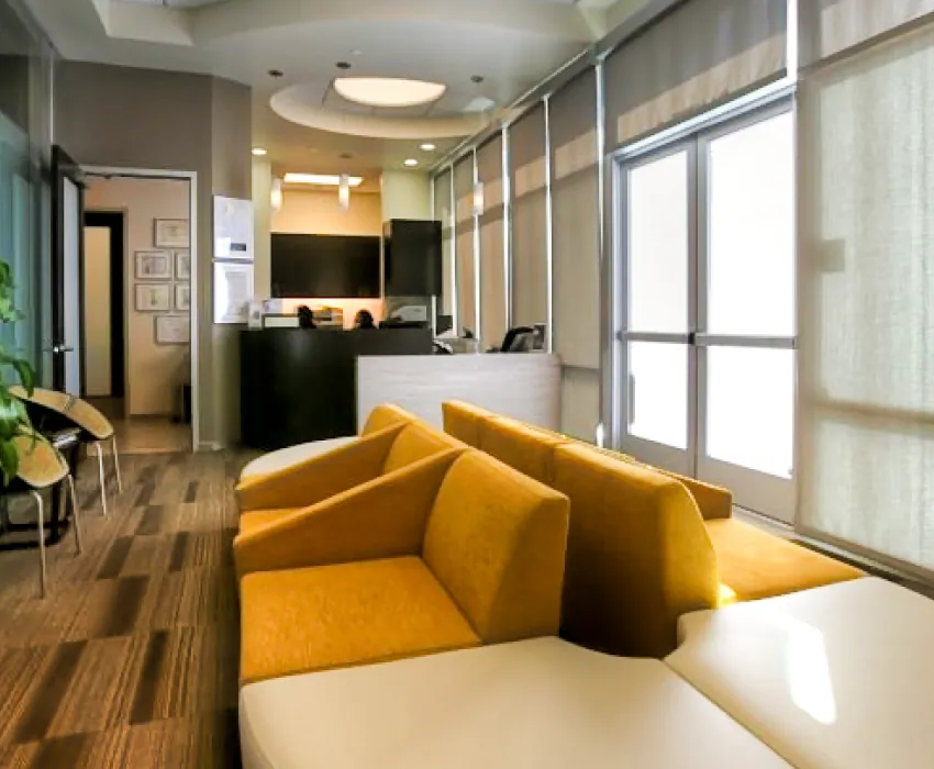 Inland Institute lobby with yellow sofa seating