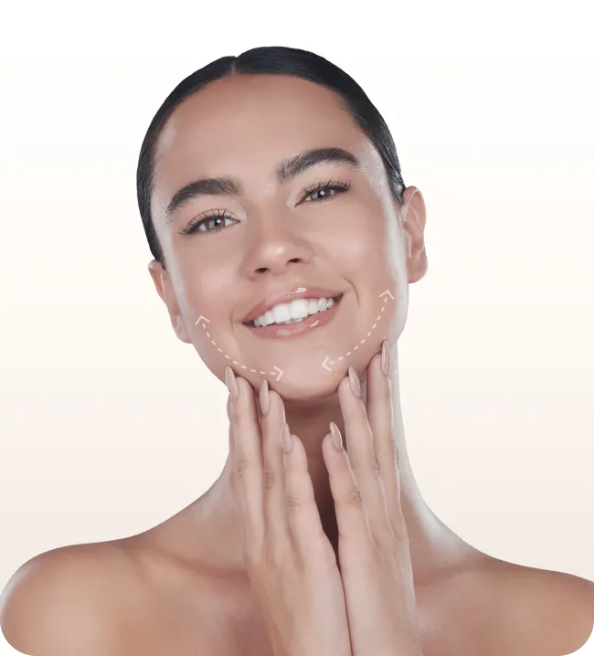 Smiling woman with facelift contour lines along her jaw