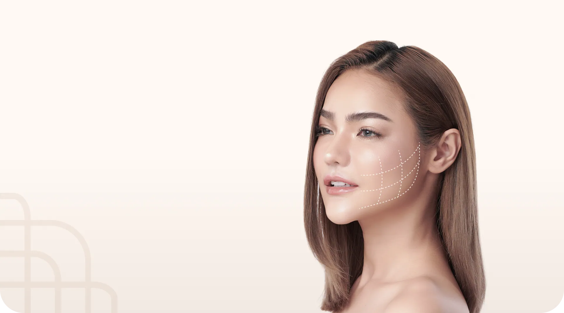Woman's profile with contour lines on her cheek, facial liposuction