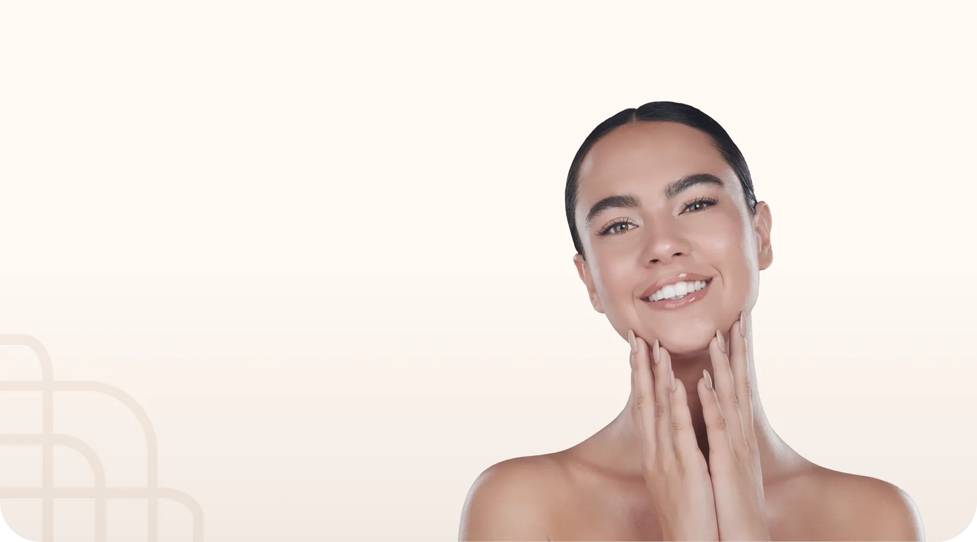 Smiling woman touching her face, radiofrequency microneedling